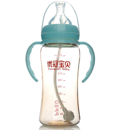優(yōu)冠寶貝PPSU寬口帶柄自動奶瓶300ml藍色