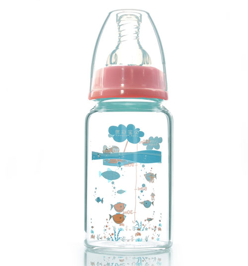 優(yōu)冠寶貝標(biāo)口金鉆玻璃奶瓶120ml紅色