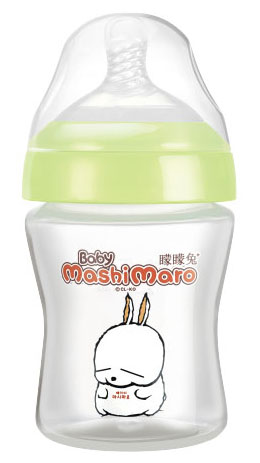 矇矇兔綠色寬口弧形無(wú)柄PP奶瓶180ml