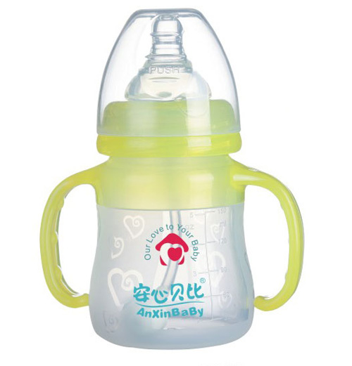 安心貝比雙柄標(biāo)口弧形硅膠奶瓶150ml