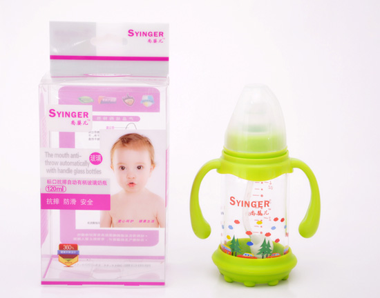 尚嬰兒標(biāo)口抗摔自動(dòng)有柄玻璃奶瓶120ML綠色