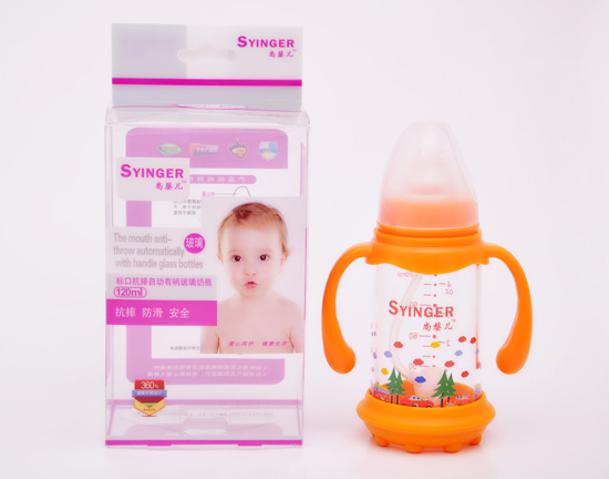 尚嬰兒標(biāo)口抗摔自動有柄玻璃奶瓶120ML