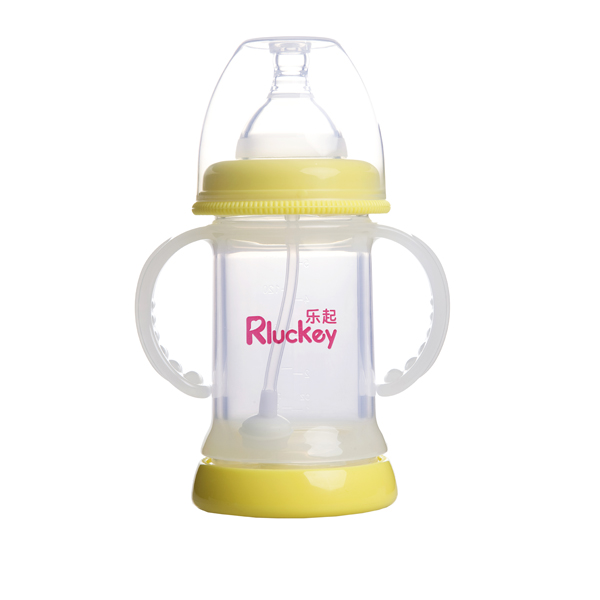 樂起寬口雙層防爆有耳自動(dòng)晶鉆玻璃底部透氣奶瓶150ml黃色