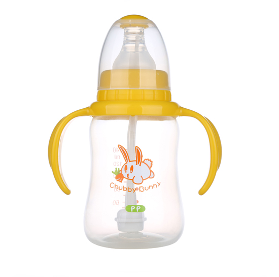 丘比兔PP標準口徑葫蘆型自動把手奶瓶140ML黃色