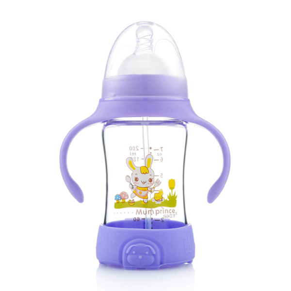 媽咪王子防摔晶鉆玻璃自動吸寬口200ml奶瓶 紫色