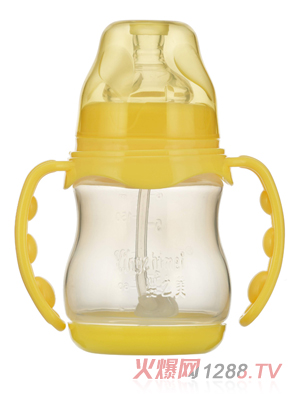 嬰之美寬口雙耳自動(dòng)圓弧PP奶瓶帶底180ML黃色