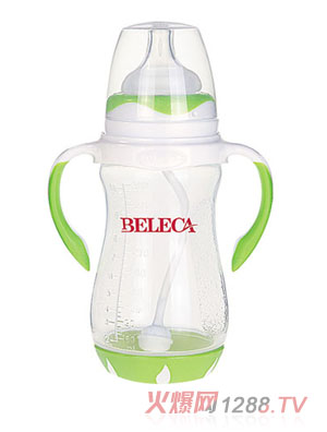 貝樂嘉綠色雙柄帶吸管易把握嬰兒PP奶瓶