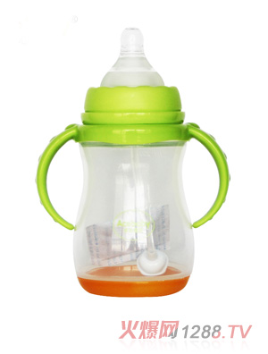 安心寶寶250ml寬口雙耳自動(dòng)感溫PP奶瓶綠無蓋